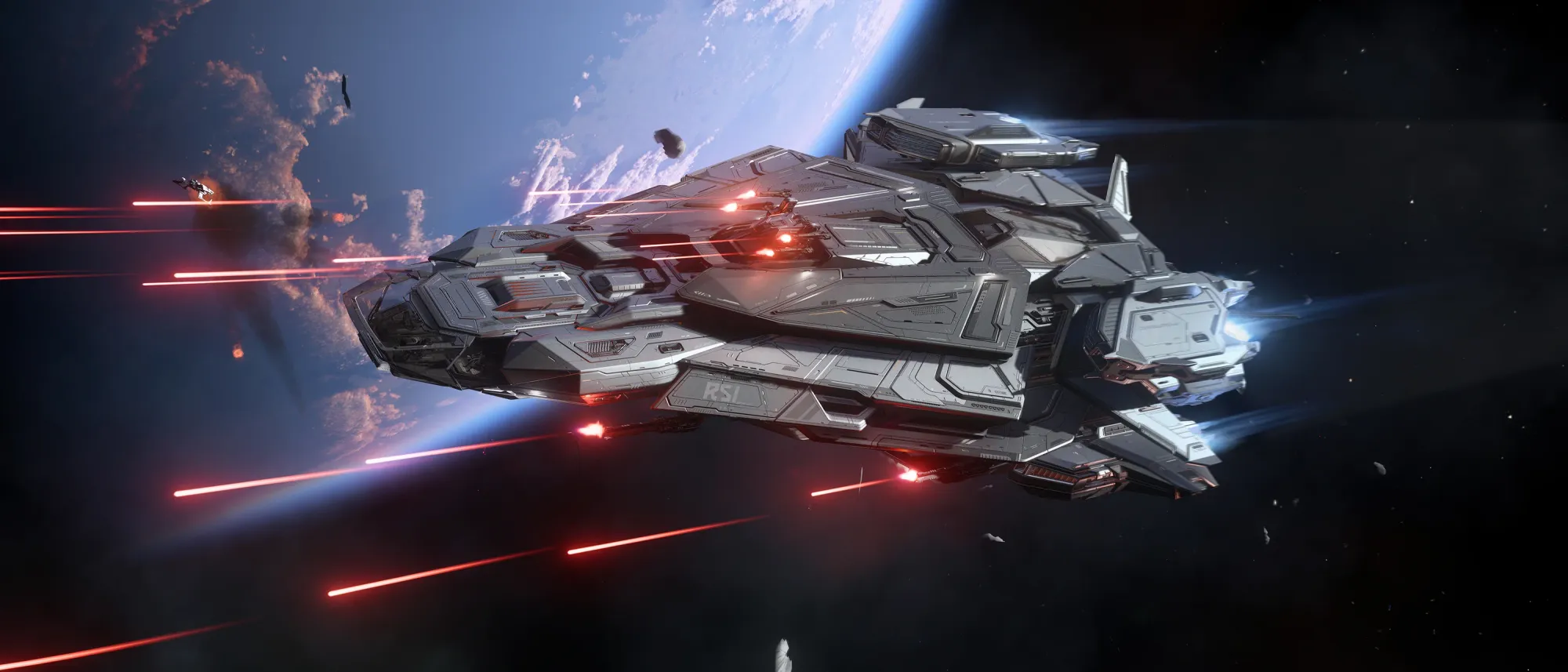 The Constellation Mk V Centaurus firing its guns above a planet